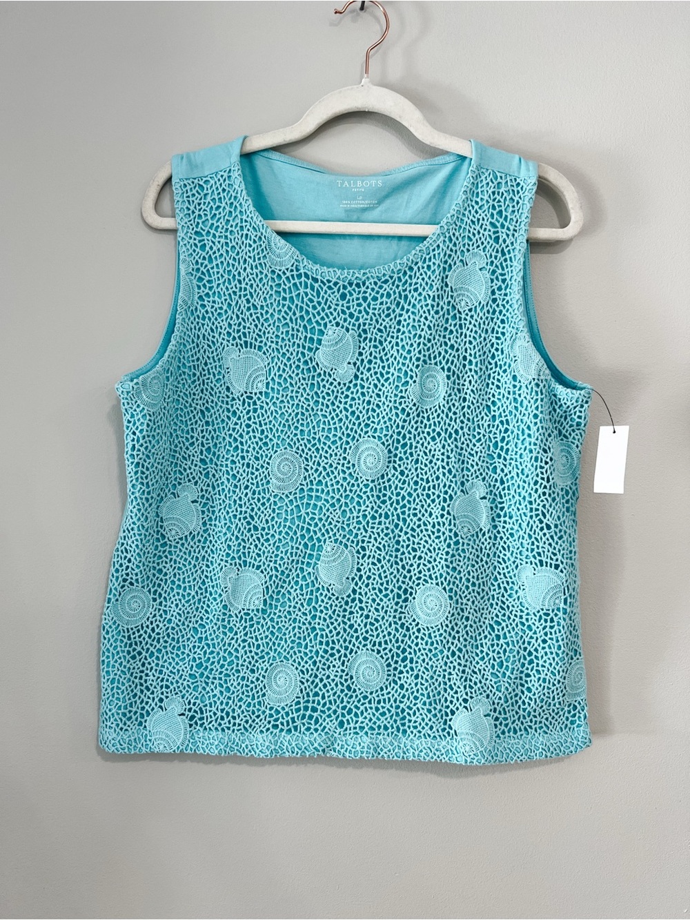 Talbots Aqua Blue Crochet Lace Overlay Shell Sleeveless Tank Top, Size Petite L